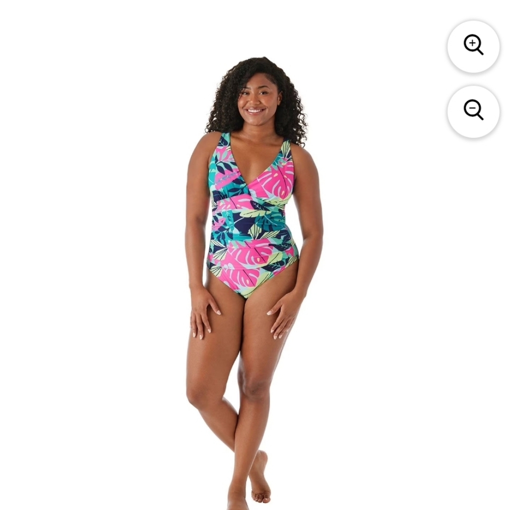 NWT Tropical Leaf Surplice One-Piece Swimsuit - Pink & Green